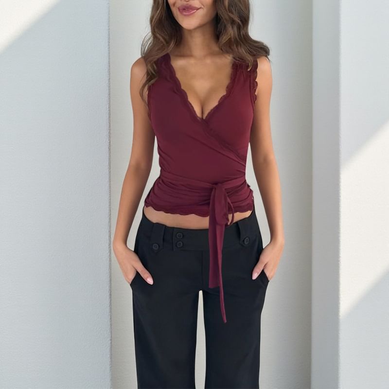 Lace-Trim V-Neck Tie-Waist Crop Tank