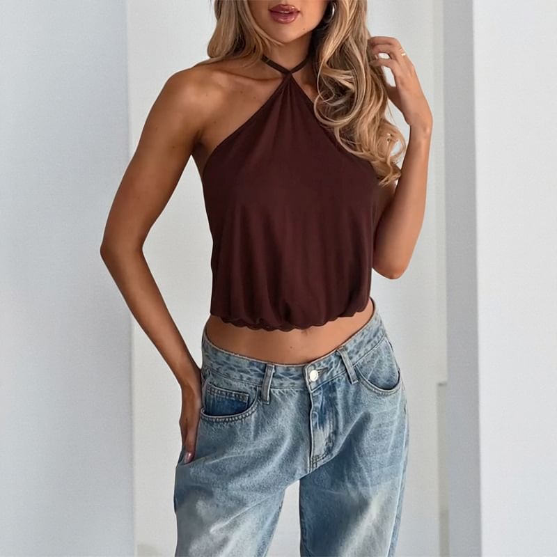 Halter Neck Lace-Panel Crop Camisole