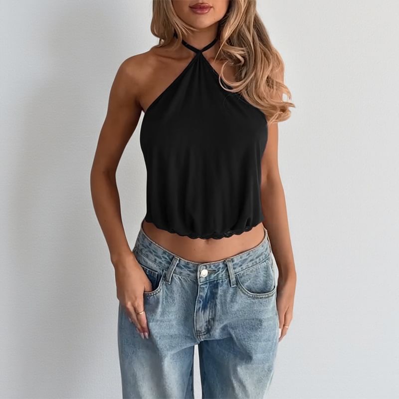 Halter Neck Lace-Panel Crop Camisole