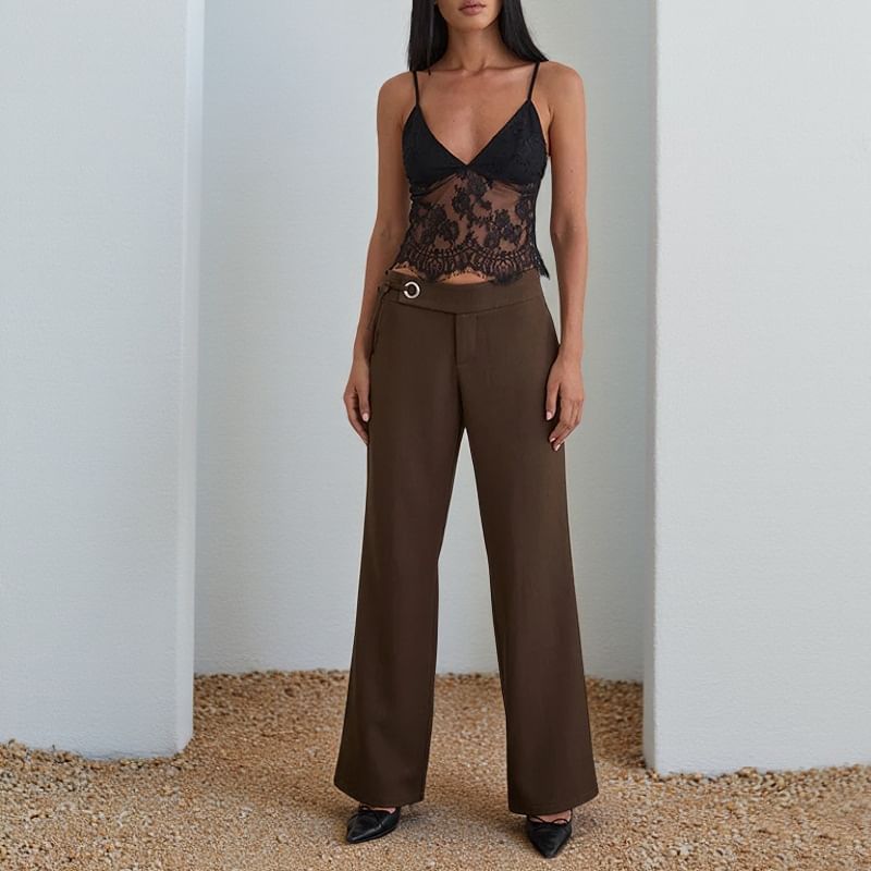 V-Neck Plain Lace Panel Crop Camisole Top