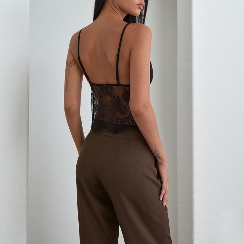 V-Neck Plain Lace Panel Crop Camisole Top