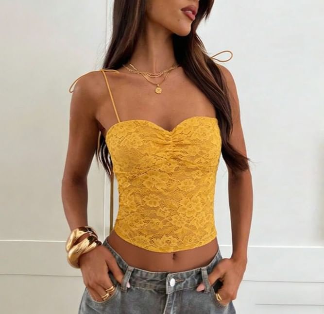 Tie Strap Plain Lace Crop Camisole Top