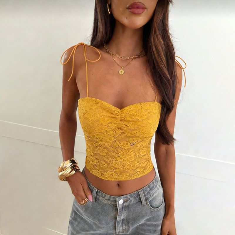 Tie Strap Plain Lace Crop Camisole Top