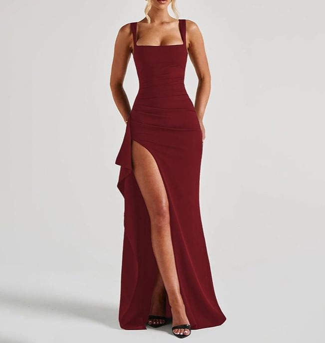 Sleeveless Square Neck Plain Slit Maxi Dress