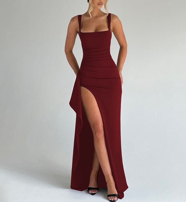 Sleeveless Square Neck Plain Slit Maxi Dress