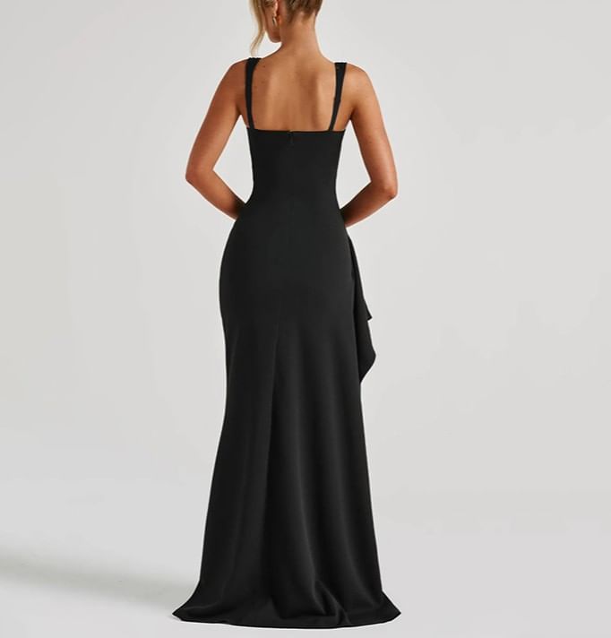 Sleeveless Square Neck Plain Slit Maxi Dress