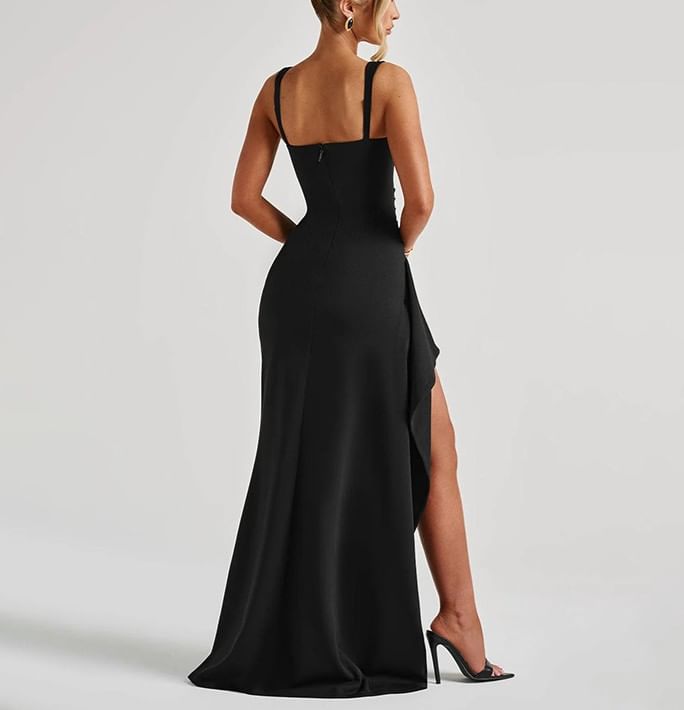 Sleeveless Square Neck Plain Slit Maxi Dress