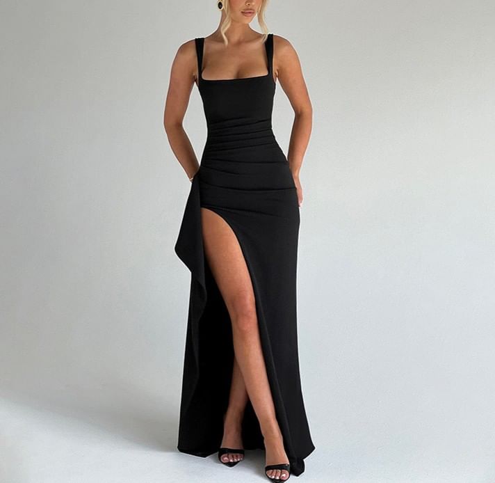 Sleeveless Square Neck Plain Slit Maxi Dress