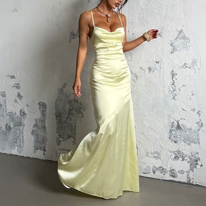 Spaghetti Strap Cowl Neck Plain Open-Back Satin Maxi Bodycon Dress