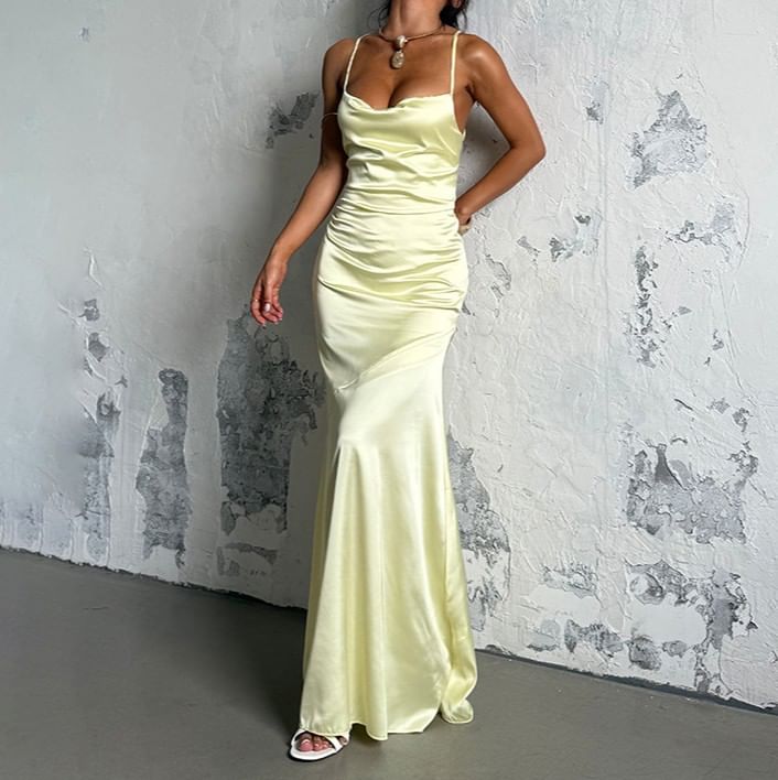 Spaghetti Strap Cowl Neck Plain Open-Back Satin Maxi Bodycon Dress