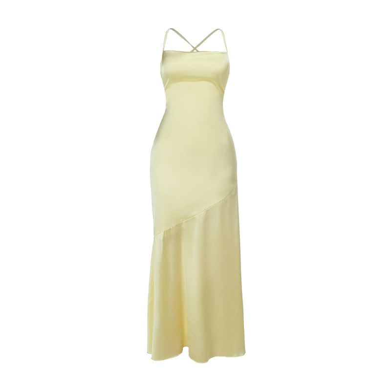 Spaghetti Strap Cowl Neck Plain Open-Back Satin Maxi Bodycon Dress