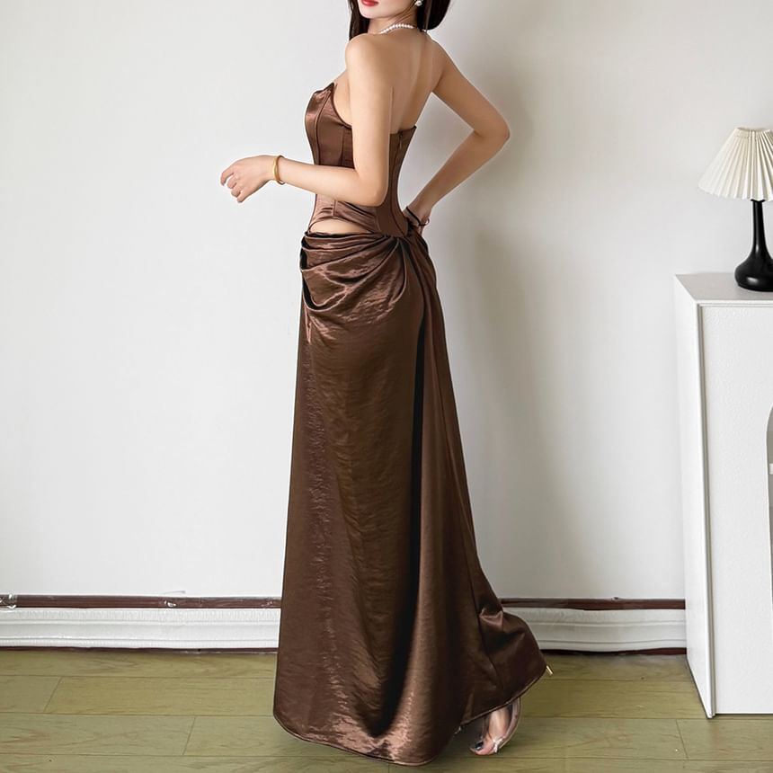 Strapless Plain Cutout Ruched Maxi Sheath Corset Dress