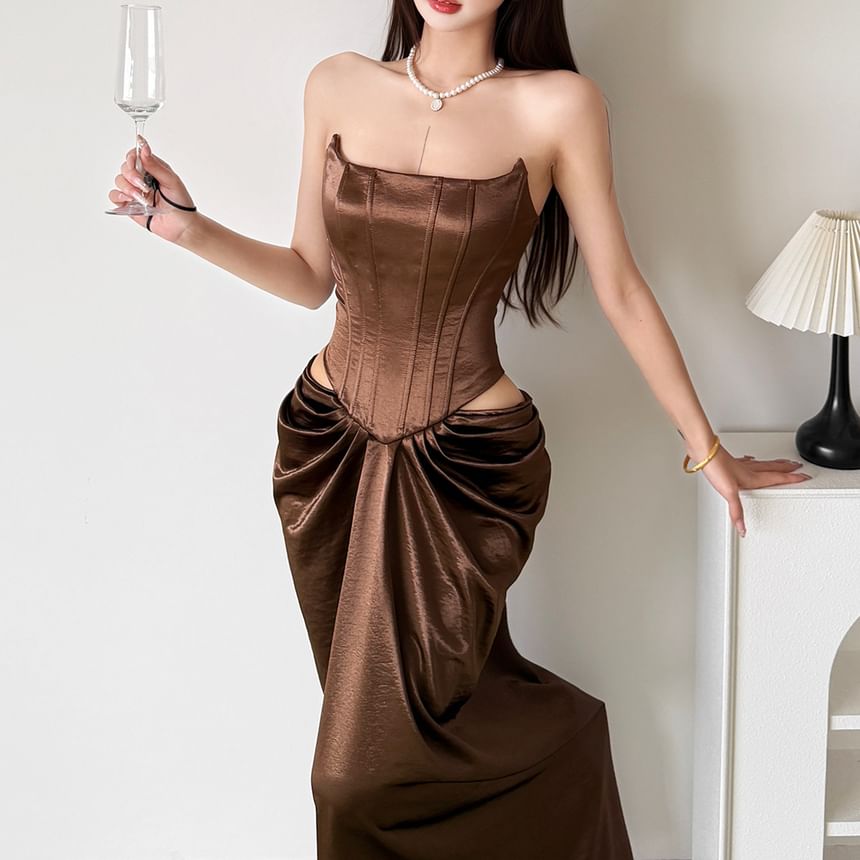 Strapless Plain Cutout Ruched Maxi Sheath Corset Dress