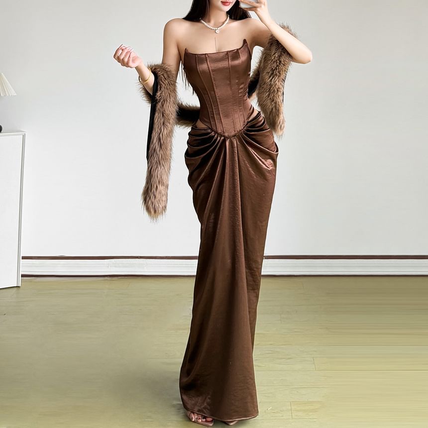 Strapless Plain Cutout Ruched Maxi Sheath Corset Dress