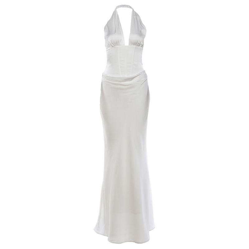 Halter V-Neck Plain Open Back Maxi Mermaid Corset Dress