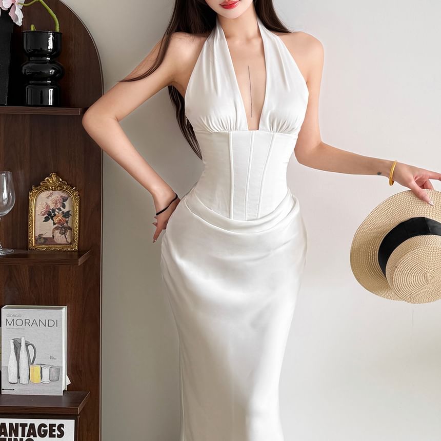 Halter V-Neck Plain Open Back Maxi Mermaid Corset Dress