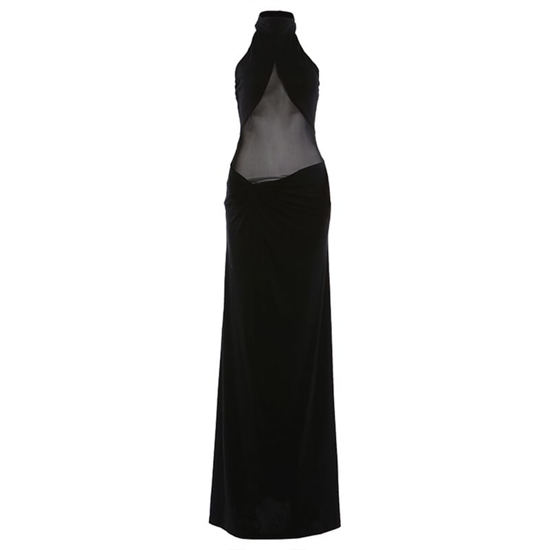 Halter Neck Sheer Panel Ruched Open Back Maxi Bodycon Dress
