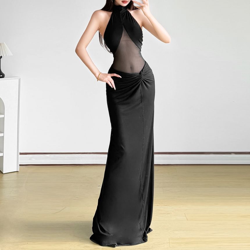 Halter Neck Sheer Panel Ruched Open Back Maxi Bodycon Dress