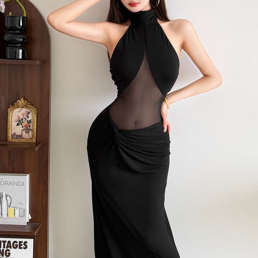 Halter Neck Sheer Panel Ruched Open Back Maxi Bodycon Dress
