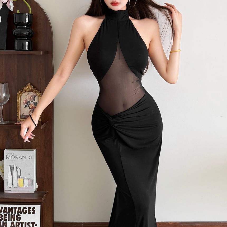 Halter Neck Sheer Panel Ruched Open Back Maxi Bodycon Dress