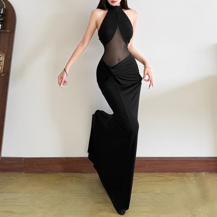 Halter Neck Sheer Panel Ruched Open Back Maxi Bodycon Dress