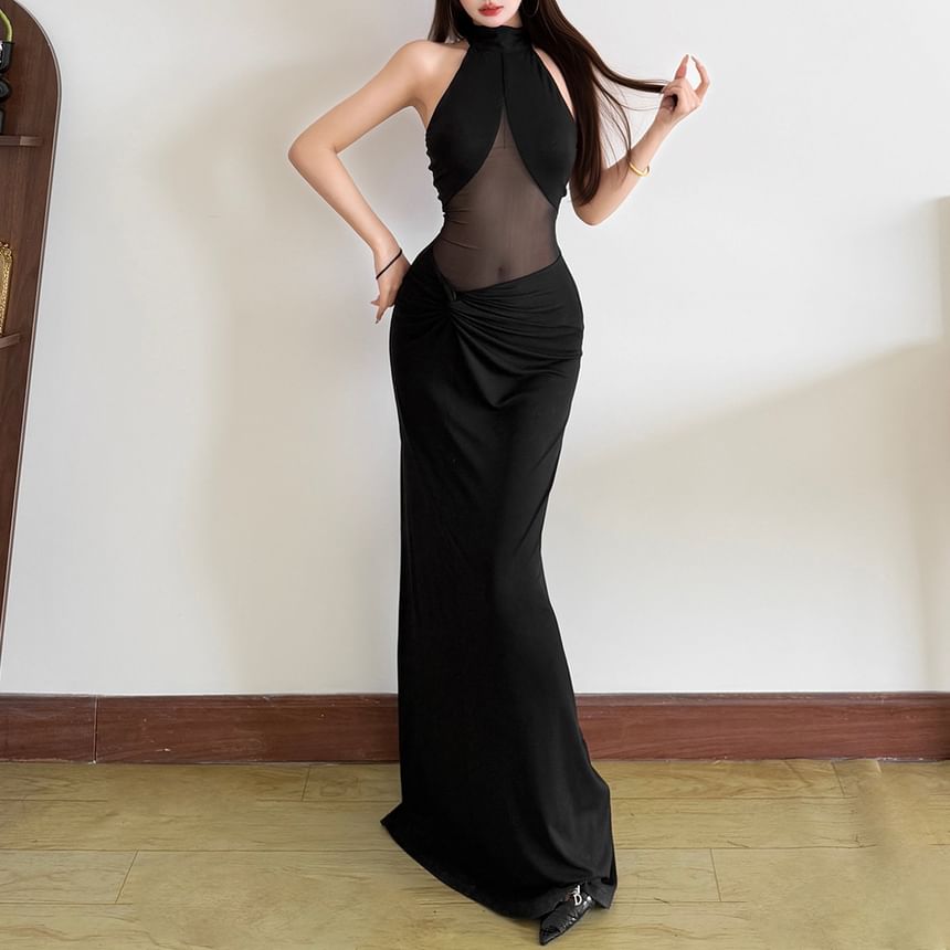 Halter Neck Sheer Panel Ruched Open Back Maxi Bodycon Dress