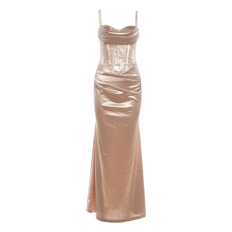 Spaghetti Strap Sequin Sweetheart Neckline Satin Corset Evening Dress