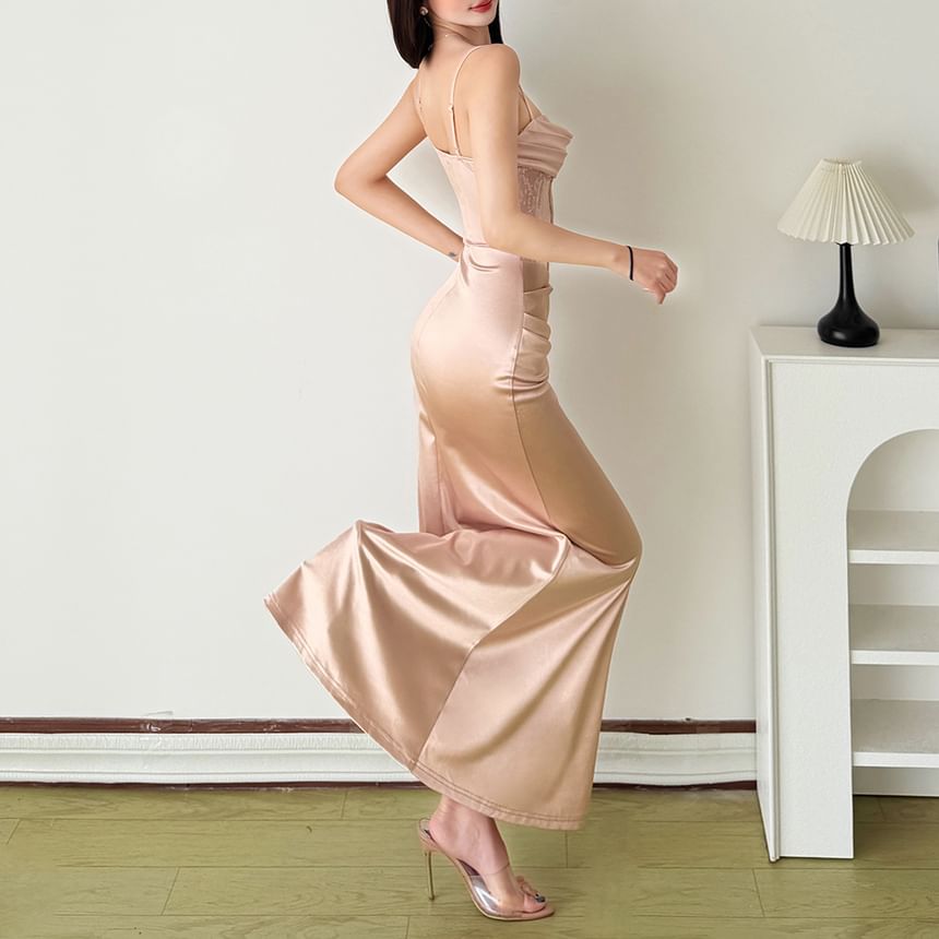 Spaghetti Strap Sequin Sweetheart Neckline Satin Corset Evening Dress
