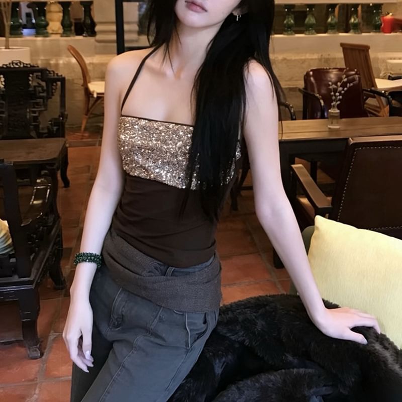 Sequin-Panel Halter Crop Top with Slim Silhouette