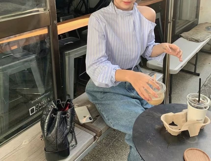 Shadow-Stripe Cold-Shoulder Puff Sleeve Blouse