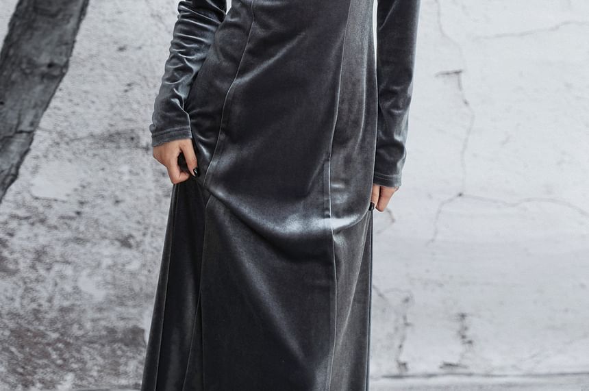Long-Sleeve Stand Collar Plain Fringed Velvet Maxi Mermaid Dress