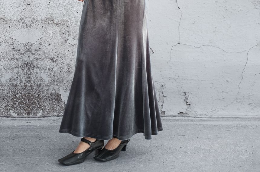 Long-Sleeve Stand Collar Plain Fringed Velvet Maxi Mermaid Dress