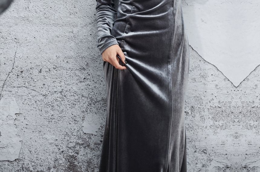 Long-Sleeve Stand Collar Plain Fringed Velvet Maxi Mermaid Dress
