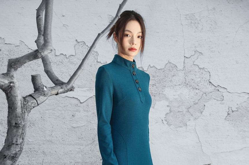 Long-Sleeve Stand Collar Plain Lettuce Edge Maxi A-Line Dress