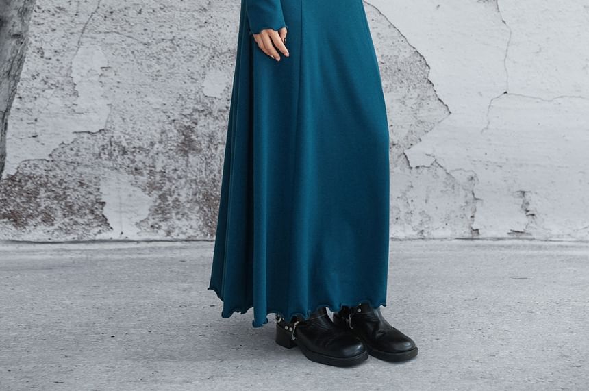 Long-Sleeve Stand Collar Plain Lettuce Edge Maxi A-Line Dress