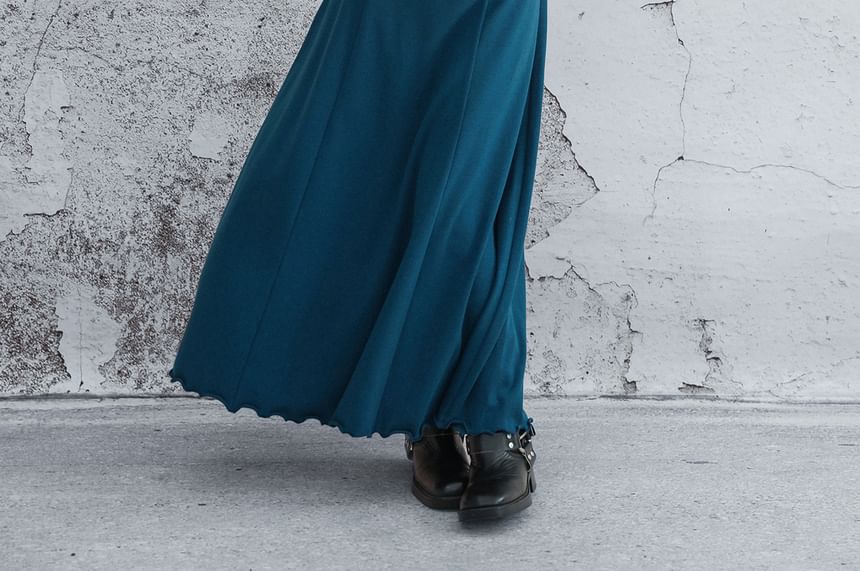 Long-Sleeve Stand Collar Plain Lettuce Edge Maxi A-Line Dress