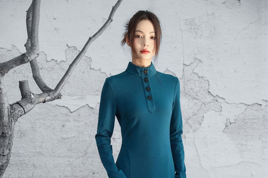 Long-Sleeve Stand Collar Plain Lettuce Edge Maxi A-Line Dress