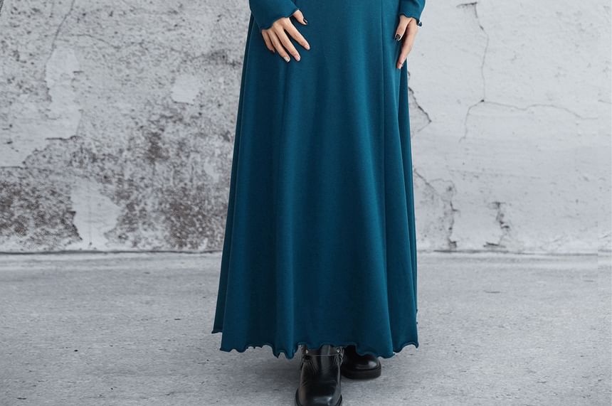 Long-Sleeve Stand Collar Plain Lettuce Edge Maxi A-Line Dress