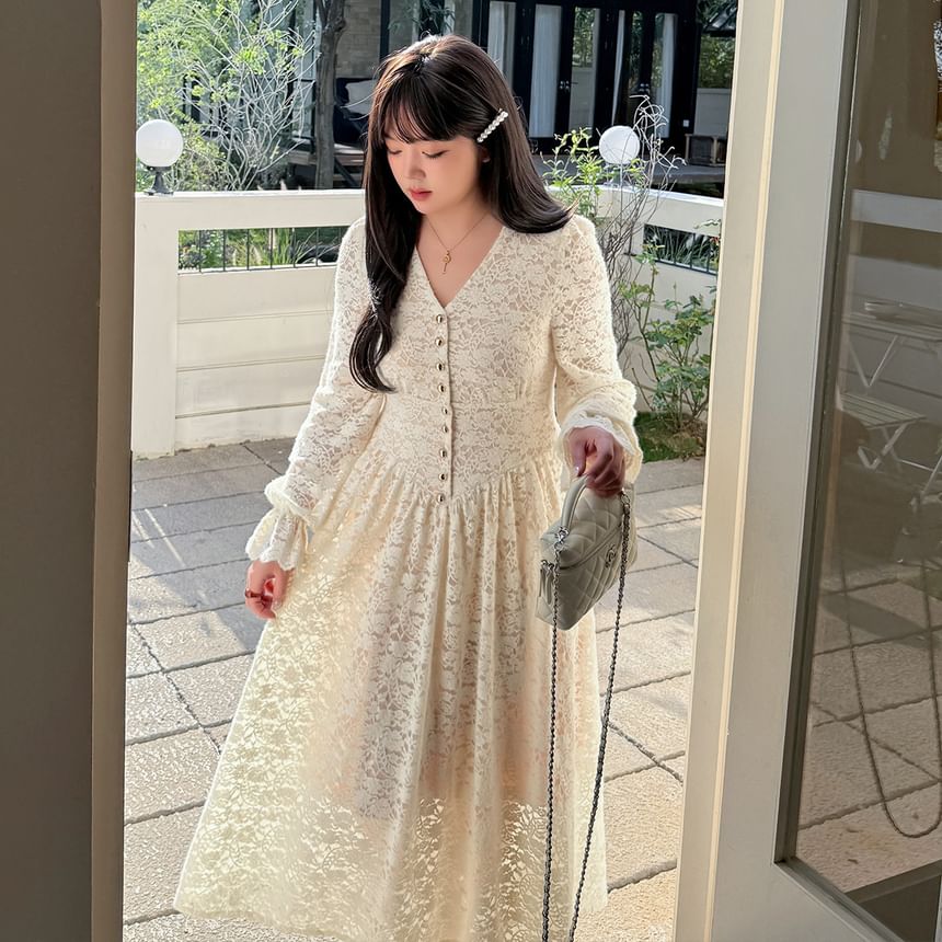 [XL-4XL] Long-Sleeve V-Neck Lace Maxi A-Line Dress