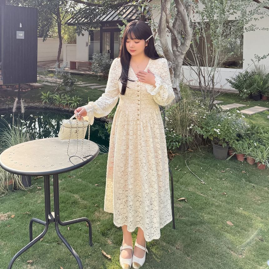[XL-4XL] Long-Sleeve V-Neck Lace Maxi A-Line Dress