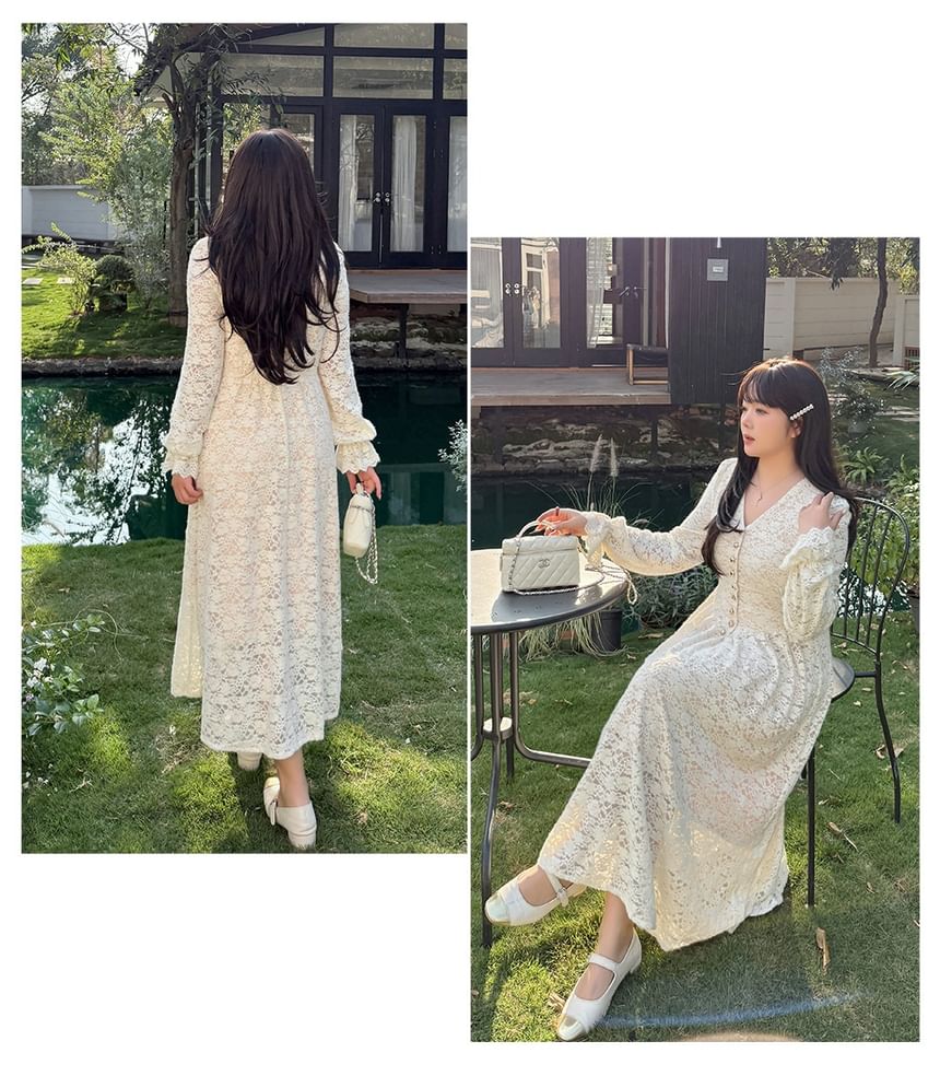 [XL-4XL] Long-Sleeve V-Neck Lace Maxi A-Line Dress