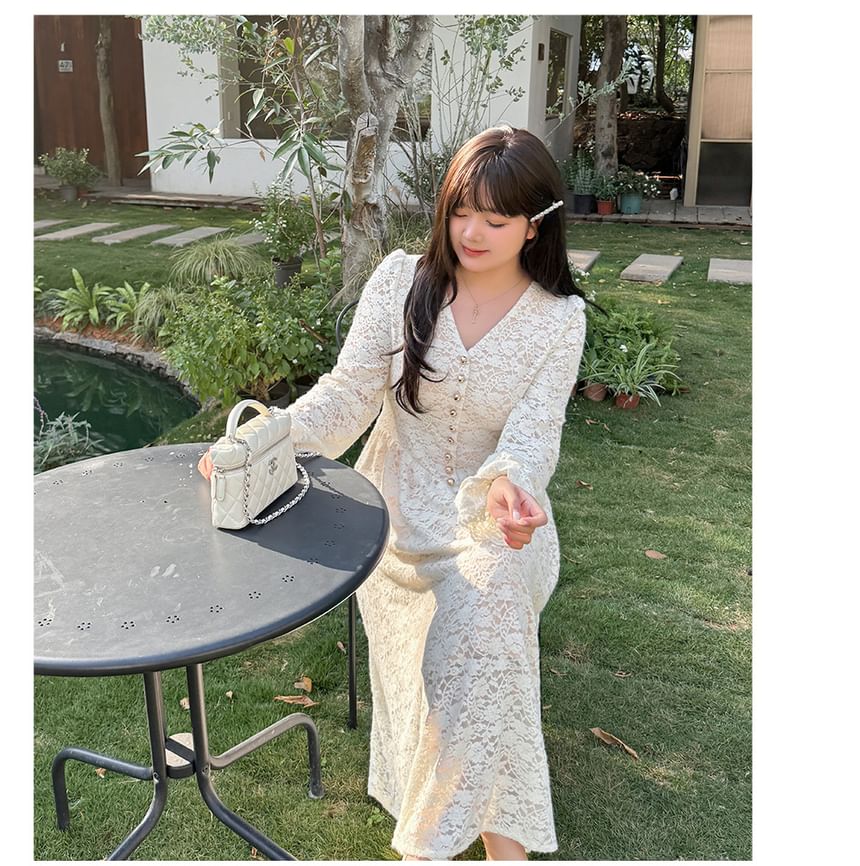 [XL-4XL] Long-Sleeve V-Neck Lace Maxi A-Line Dress