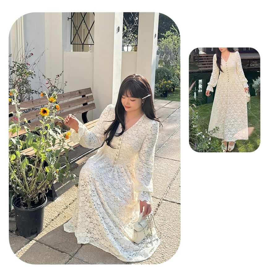 [XL-4XL] Long-Sleeve V-Neck Lace Maxi A-Line Dress