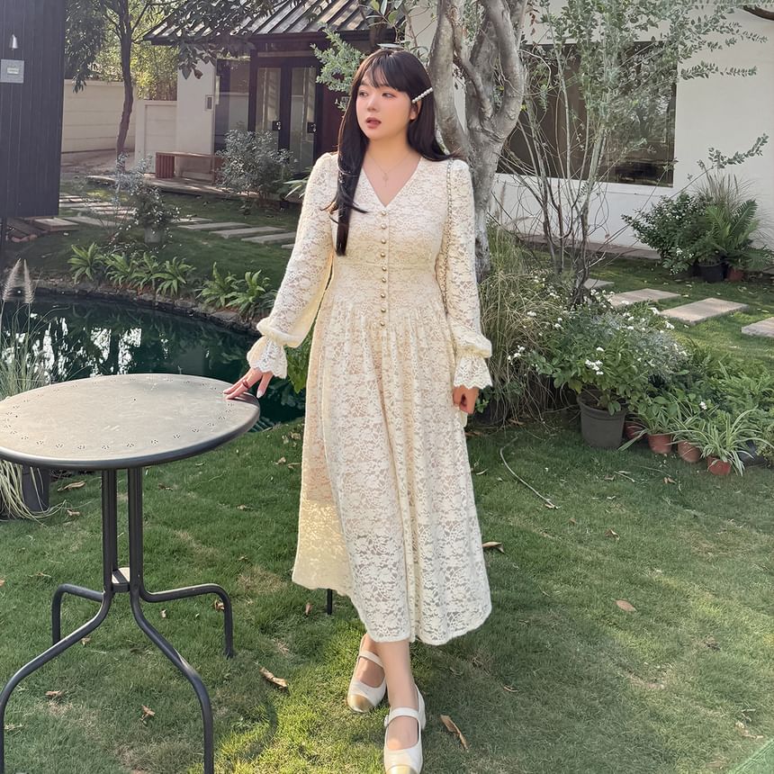 [XL-4XL] Long-Sleeve V-Neck Lace Maxi A-Line Dress