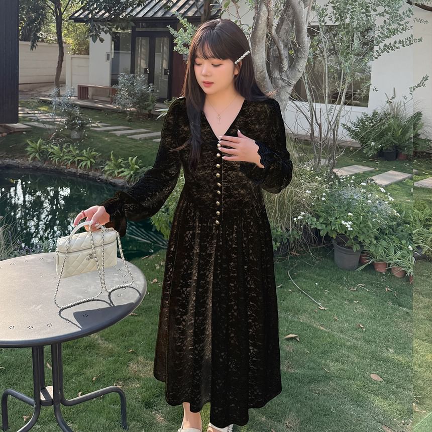 [XL-4XL] Long-Sleeve V-Neck Lace Maxi A-Line Dress