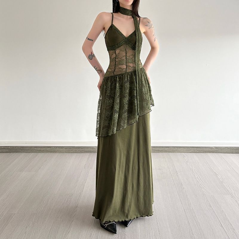 Spaghetti Strap V-Neck Plain Lace Panel Maxi A-Line Dress