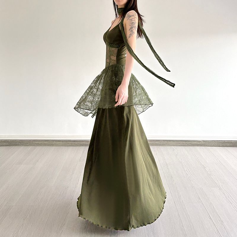 Spaghetti Strap V-Neck Plain Lace Panel Maxi A-Line Dress
