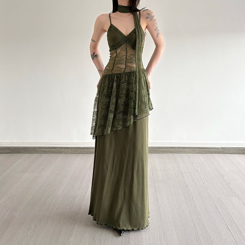 Spaghetti Strap V-Neck Plain Lace Panel Maxi A-Line Dress