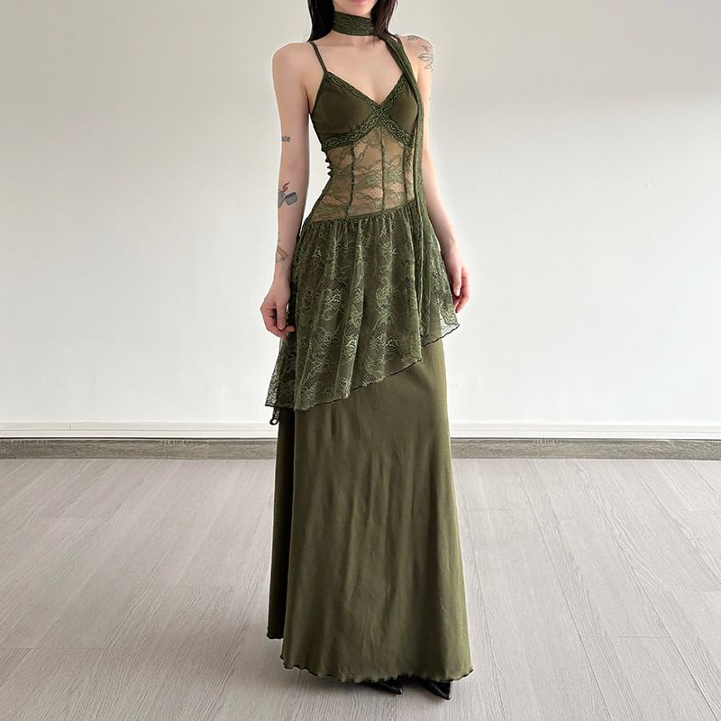 Spaghetti Strap V-Neck Plain Lace Panel Maxi A-Line Dress