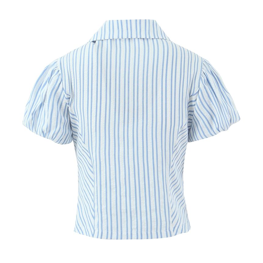Striped Slim-Fit Button-Up with Puffed Sleeves